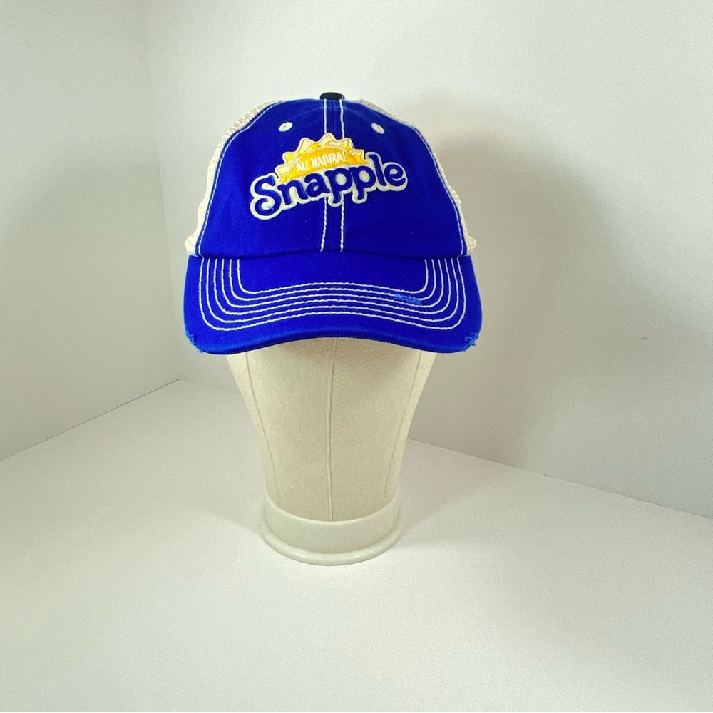 SNAPPLE Truckers Mesh Hat Cap Blue Yellow Distressed Bill Snap Back OSFM.